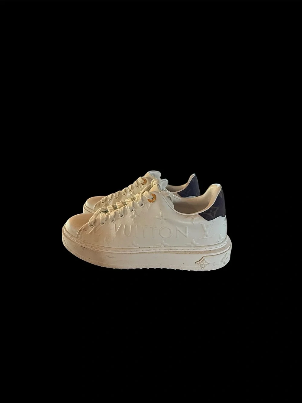 Louis Vuitton White Leather Embossed Monogram Sneakers with Brown Heel